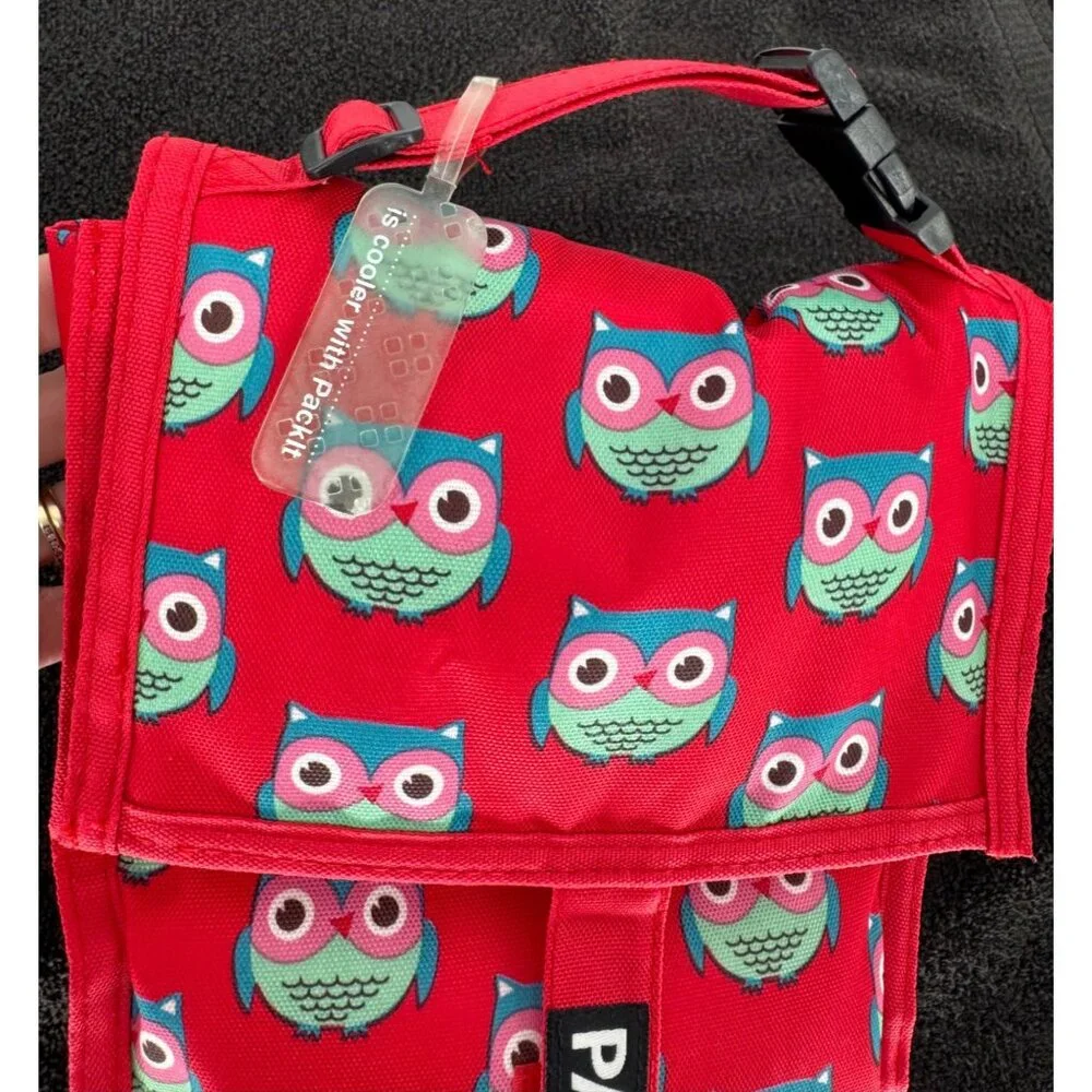 PackIt Freezable Lunch Bag With Fun Owl Print Red Color Insulated & Foldable Des